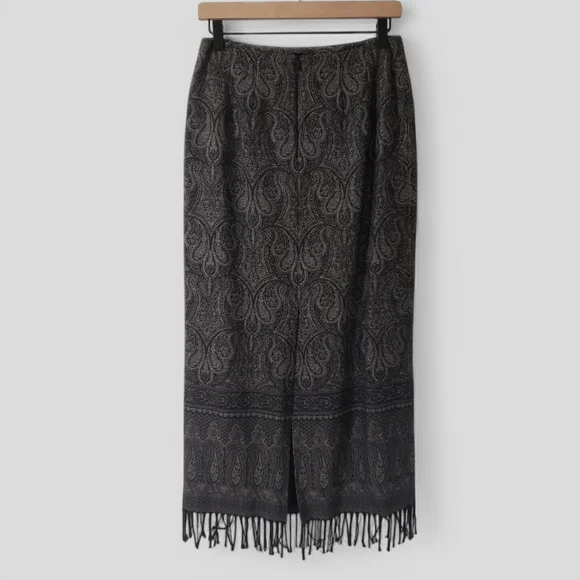Talbots Black & Brown Paisley Wool Maxi Skirt – Fringe Hem Size 6 - Picture 7 of 14